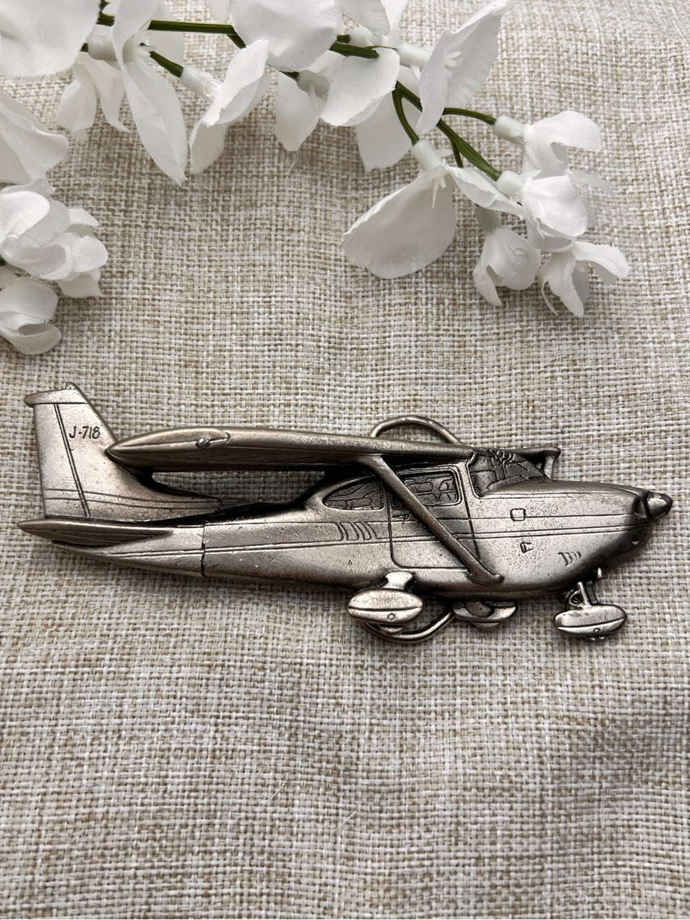 VINTAGE Belt Buckle | Silver Pewter Western J-718 Airplane Buckle